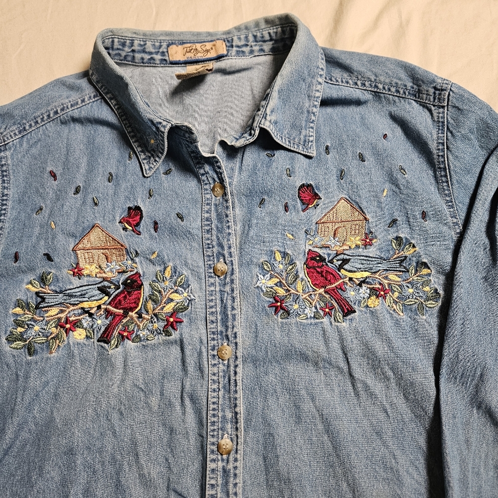 VTG 90s Just My Size‎ 18/20W Denim Shirt Embroidered Cardinals Birds Cottagecore